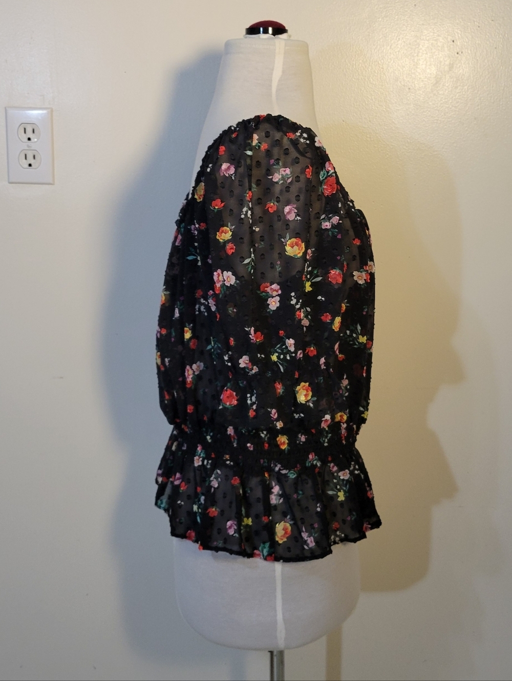 Banana Republic (Women's L) Semi-Sheer Swiss Dot Black Floral Peasant Blouse - Picture 3 of 10